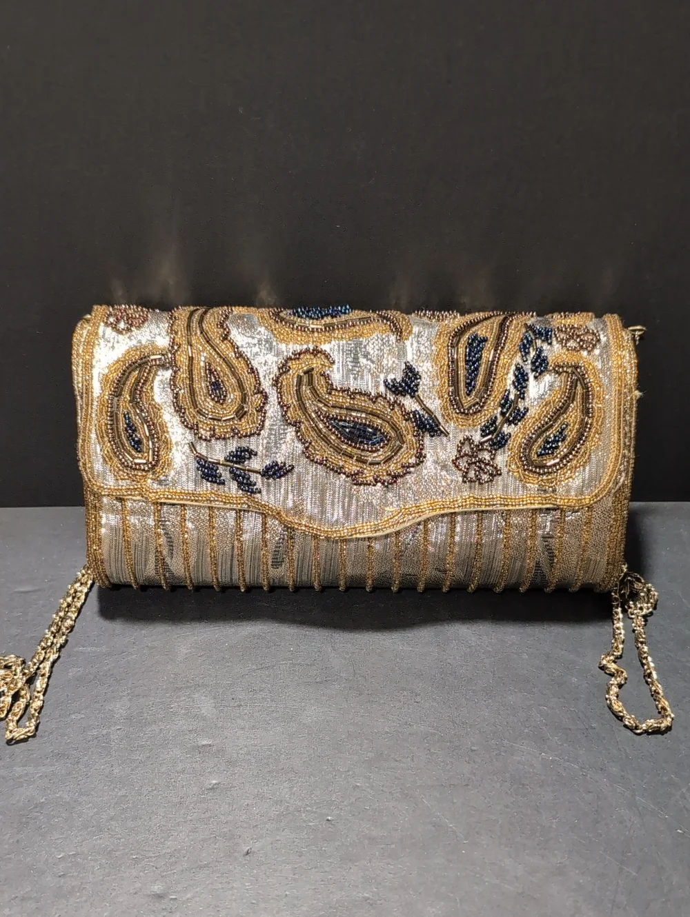 VGT,Kaiho Gold/Blue Intricately Beaded Paisley Design Clutch/Evening Purse. - Picture 1 of 5